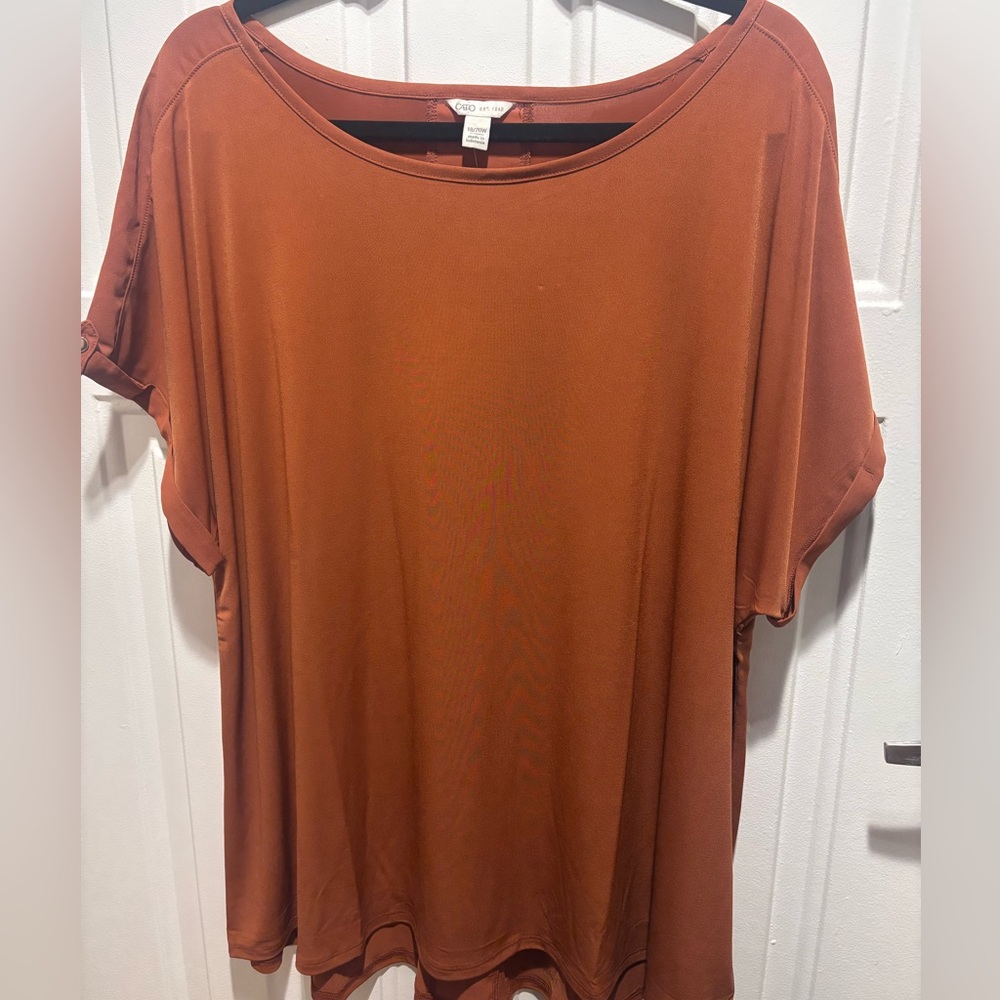 Cato Women's Short Sleeve Top in Rust (earrings)
P to P 23 inches
Length 27
